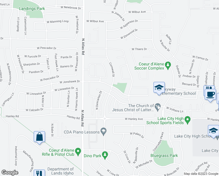 map of restaurants, bars, coffee shops, grocery stores, and more near 2898 West Sorbonne Drive in Coeur d'Alene