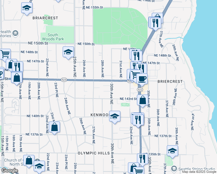 map of restaurants, bars, coffee shops, grocery stores, and more near 14365 30th Avenue Northeast in Seattle