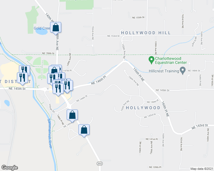 map of restaurants, bars, coffee shops, grocery stores, and more near 15234 Northeast 144th Place in Woodinville