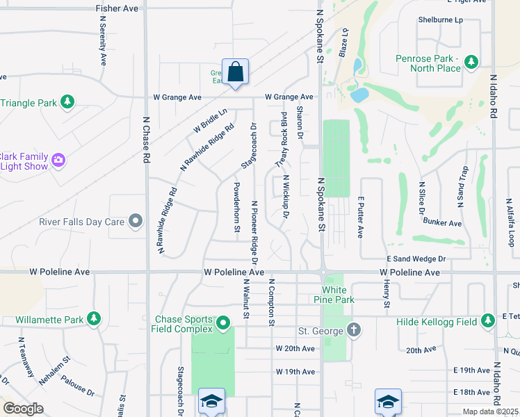 map of restaurants, bars, coffee shops, grocery stores, and more near 2510 North Pioneer Ridge Drive in Post Falls