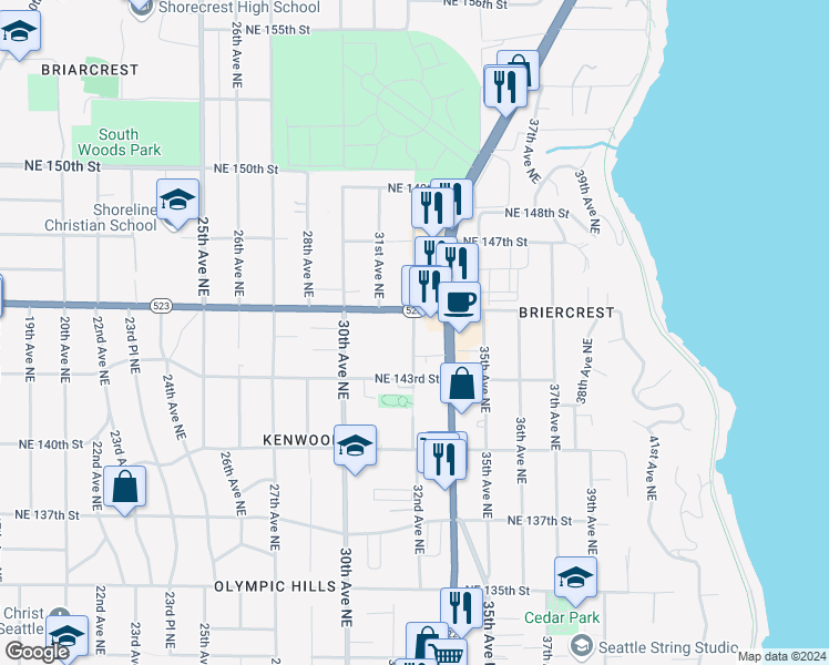 map of restaurants, bars, coffee shops, grocery stores, and more near 14340 32nd Ave NE in Seattle