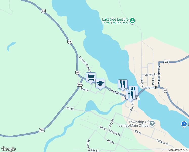 map of restaurants, bars, coffee shops, grocery stores, and more near 19 Munroe Crescent in Elk Lake