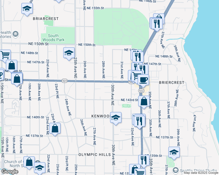 map of restaurants, bars, coffee shops, grocery stores, and more near 14362 30th Avenue Northeast in Seattle