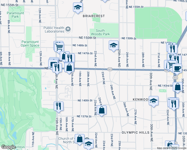 map of restaurants, bars, coffee shops, grocery stores, and more near 14334 20th Avenue Northeast in Seattle
