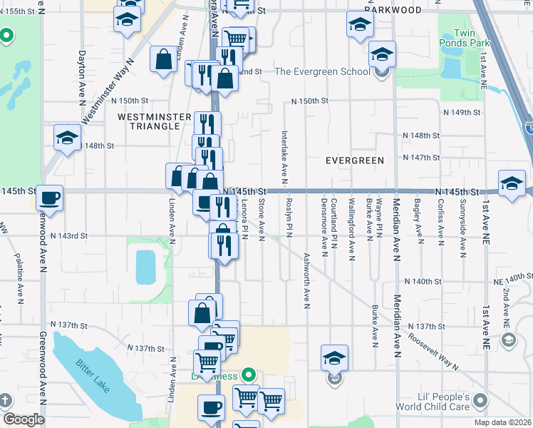 map of restaurants, bars, coffee shops, grocery stores, and more near 14323 Interlake Avenue North in Seattle