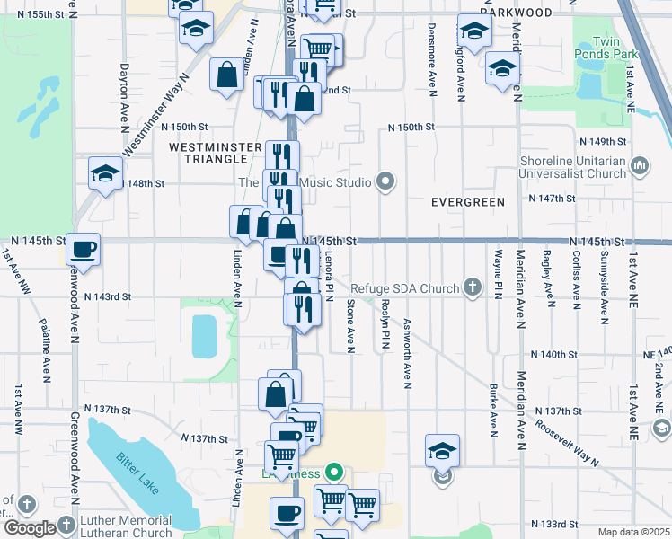 map of restaurants, bars, coffee shops, grocery stores, and more near 14320 Roosevelt Way North in Seattle