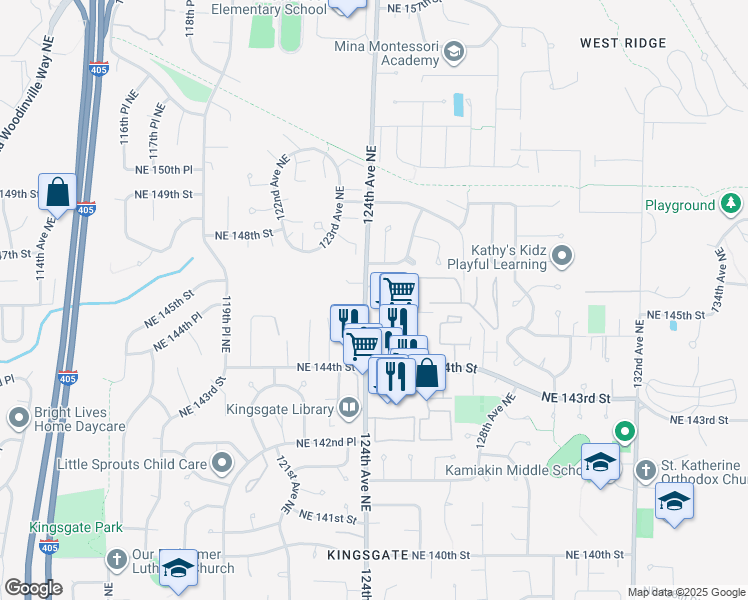 map of restaurants, bars, coffee shops, grocery stores, and more near 12664 Northeast 145th Street in Kirkland