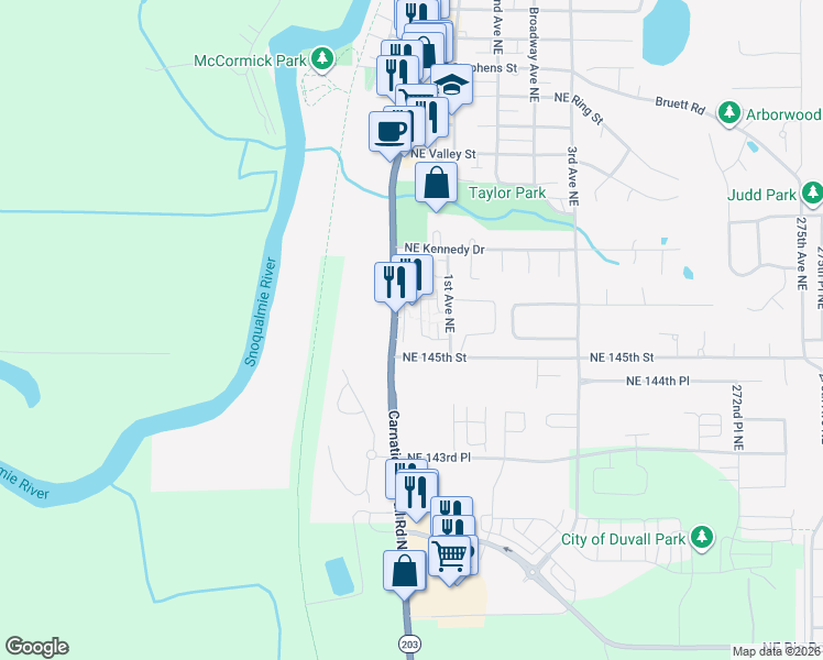 map of restaurants, bars, coffee shops, grocery stores, and more near 14524 Main Street Northeast in Duvall