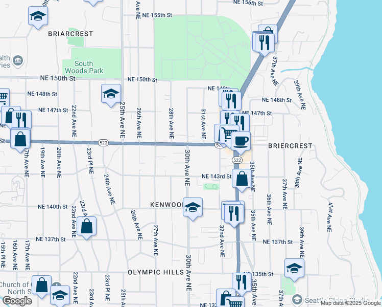 map of restaurants, bars, coffee shops, grocery stores, and more near 14362 30th Avenue Northeast in Seattle