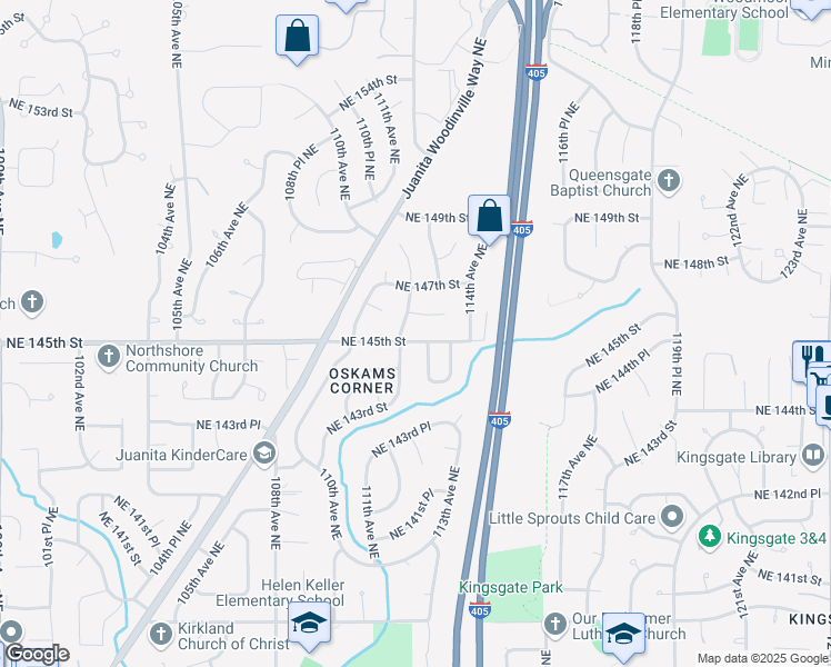 map of restaurants, bars, coffee shops, grocery stores, and more near 11212 Northeast 145th Street in Kirkland