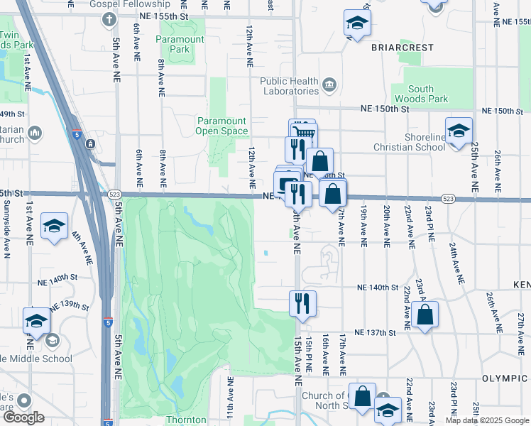 map of restaurants, bars, coffee shops, grocery stores, and more near 14330 12th Avenue Northeast in Seattle