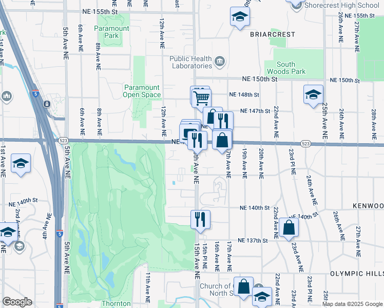 map of restaurants, bars, coffee shops, grocery stores, and more near 14343 15th Avenue Northeast in Seattle
