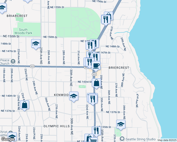 map of restaurants, bars, coffee shops, grocery stores, and more near 14332 32nd Avenue Northeast in Seattle