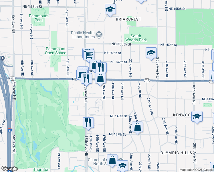 map of restaurants, bars, coffee shops, grocery stores, and more near 14326 17th Avenue Northeast in Seattle