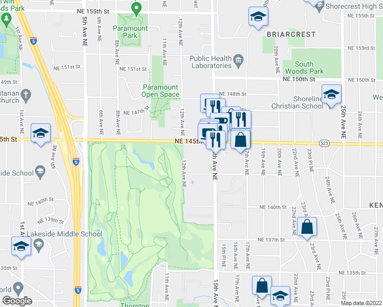 map of restaurants, bars, coffee shops, grocery stores, and more near 14330 12th Avenue Northeast in Seattle