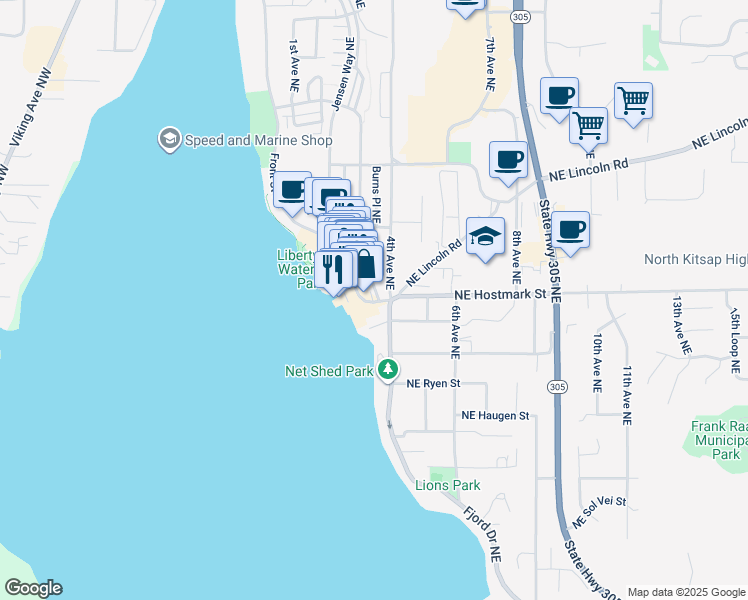 map of restaurants, bars, coffee shops, grocery stores, and more near 367 Northeast Hostmark Street in Poulsbo