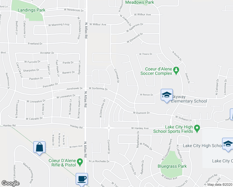 map of restaurants, bars, coffee shops, grocery stores, and more near Cornwall Street in Coeur d'Alene