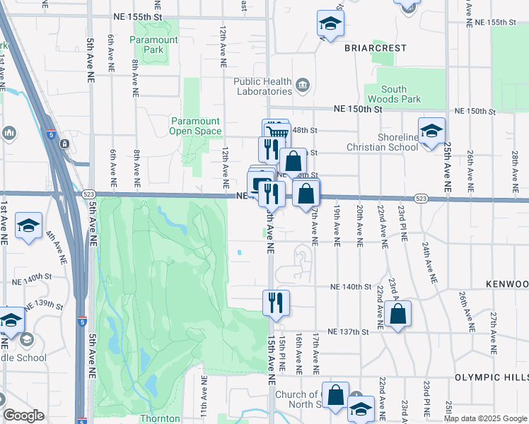 map of restaurants, bars, coffee shops, grocery stores, and more near 14343 15th Avenue Northeast in Seattle
