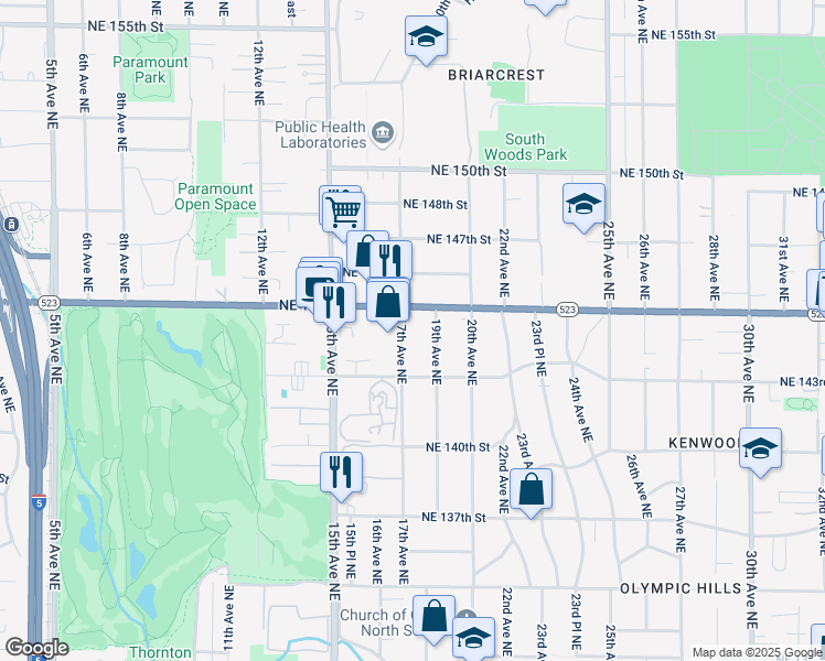 map of restaurants, bars, coffee shops, grocery stores, and more near 14326 17th Avenue Northeast in Seattle