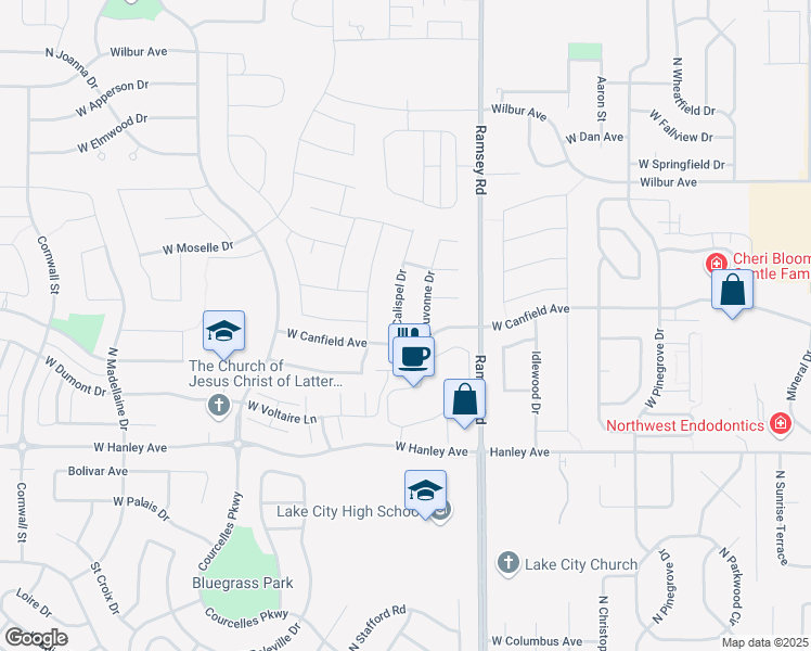 map of restaurants, bars, coffee shops, grocery stores, and more near 6722 North Calispel Drive in Coeur d'Alene