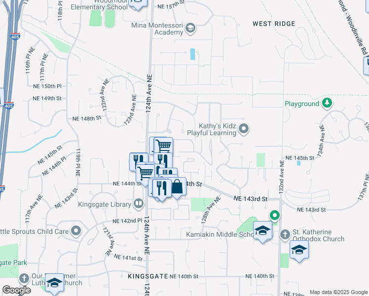 map of restaurants, bars, coffee shops, grocery stores, and more near 12600 Northeast 145th Street in Kirkland