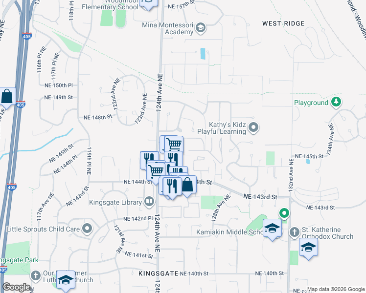 map of restaurants, bars, coffee shops, grocery stores, and more near 12520 Northeast 145th Street in Kirkland