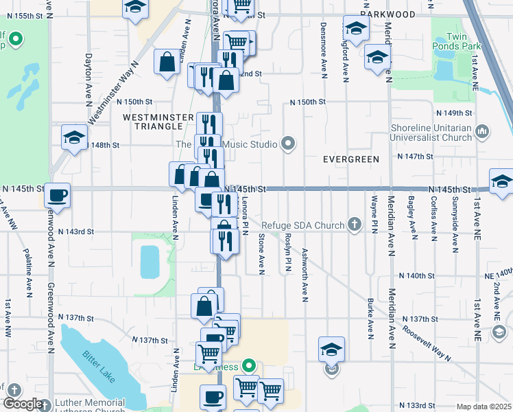 map of restaurants, bars, coffee shops, grocery stores, and more near 14335 Stone Avenue North in Seattle