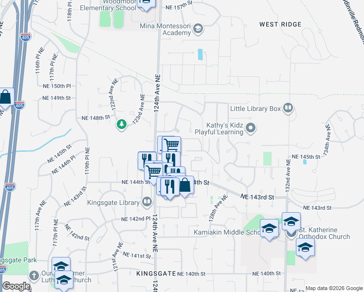 map of restaurants, bars, coffee shops, grocery stores, and more near 12520 Northeast 145th Street in Kirkland