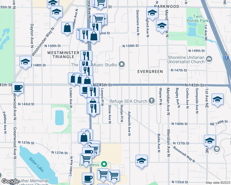 map of restaurants, bars, coffee shops, grocery stores, and more near 14323 Interlake Avenue North in Seattle