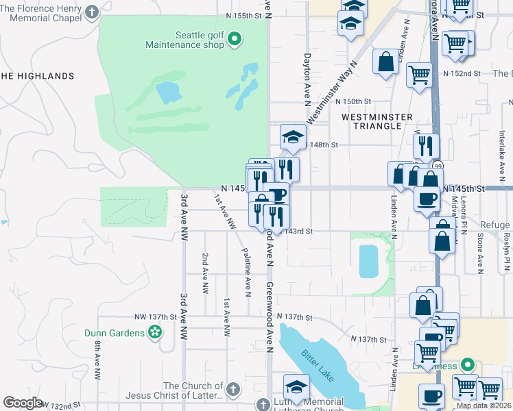 map of restaurants, bars, coffee shops, grocery stores, and more near 141 North 144th Street in Seattle