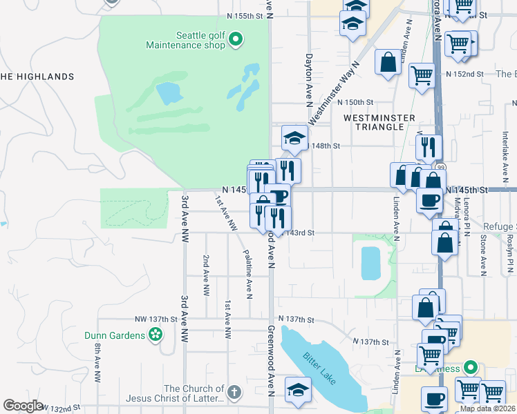 map of restaurants, bars, coffee shops, grocery stores, and more near 141 North 144th Street in Seattle