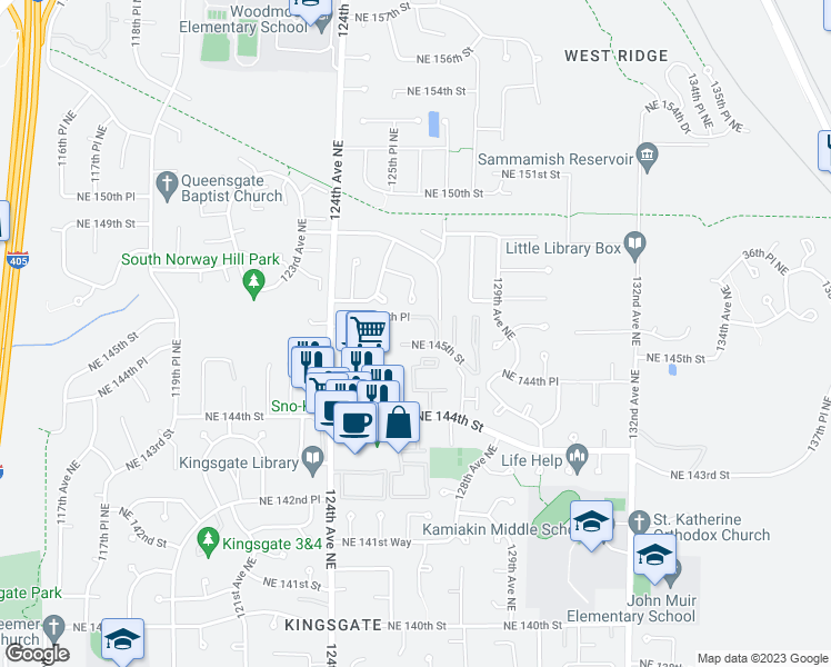 map of restaurants, bars, coffee shops, grocery stores, and more near 12600 Northeast 145th Street in Kirkland