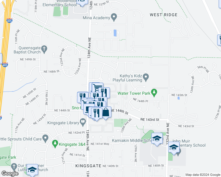 map of restaurants, bars, coffee shops, grocery stores, and more near 12616 Northeast 144th Street in Kirkland