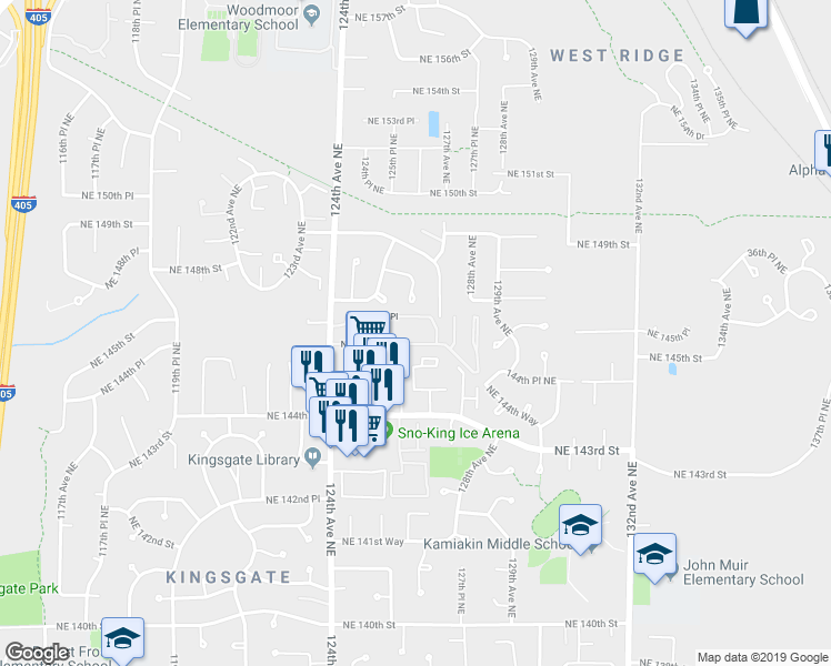 map of restaurants, bars, coffee shops, grocery stores, and more near 12520 Northeast 145th Street in Kirkland