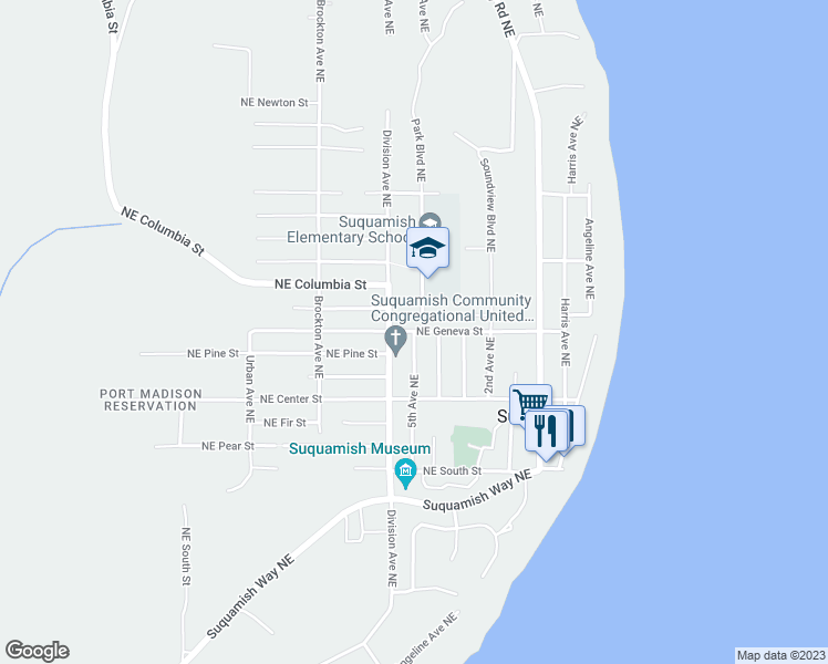 map of restaurants, bars, coffee shops, grocery stores, and more near 6819 Northeast Geneva Street in Suquamish