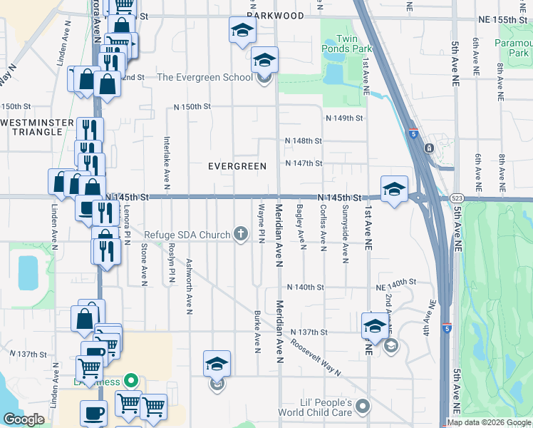 map of restaurants, bars, coffee shops, grocery stores, and more near 14322 Burke Avenue North in Seattle