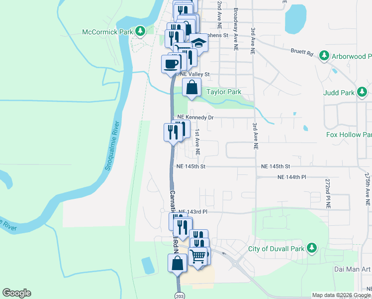 map of restaurants, bars, coffee shops, grocery stores, and more near 14525 1st Lane Northeast in Duvall