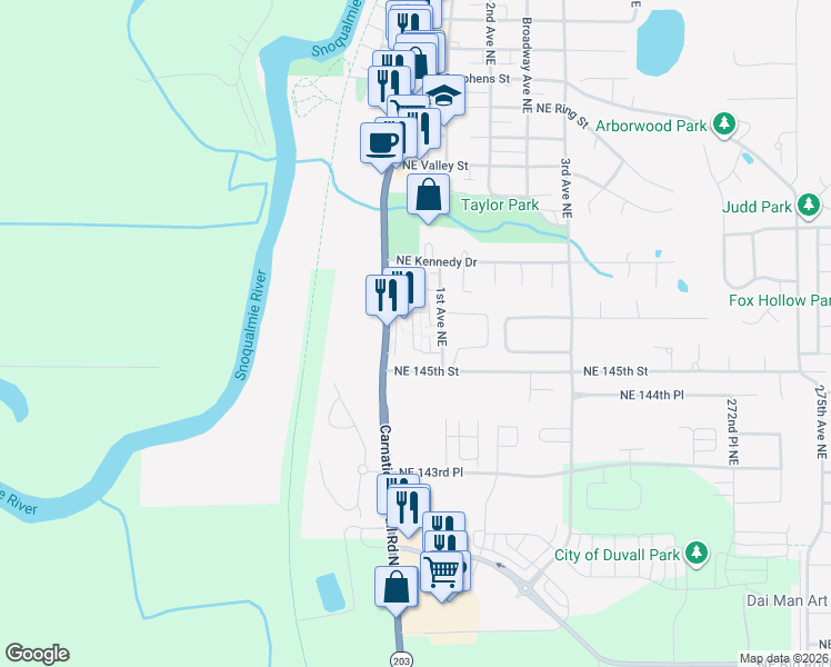 map of restaurants, bars, coffee shops, grocery stores, and more near 14525 1st Lane Northeast in Duvall