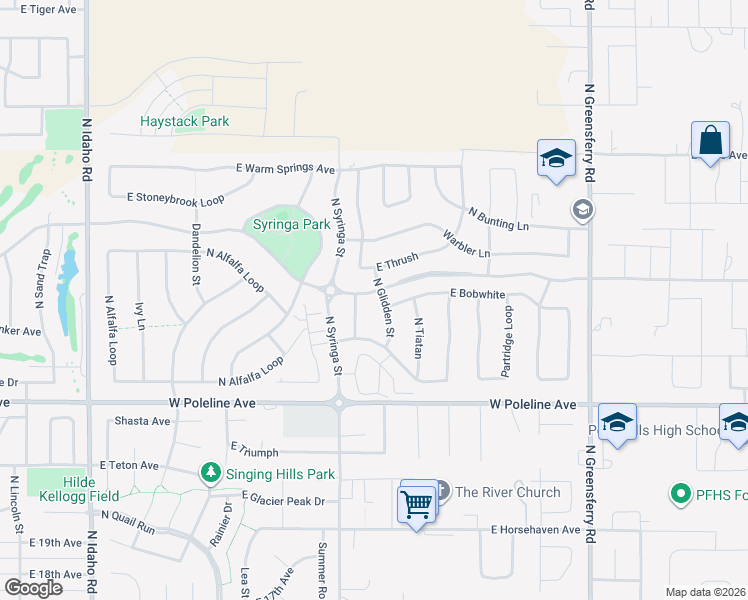 map of restaurants, bars, coffee shops, grocery stores, and more near 2701 North Glidden Street in Post Falls
