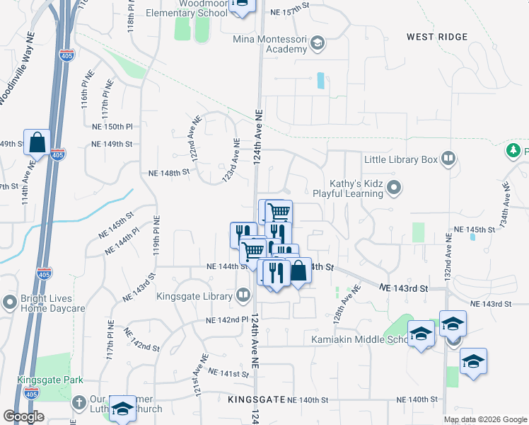 map of restaurants, bars, coffee shops, grocery stores, and more near 14510 124th Avenue Northeast in Kirkland