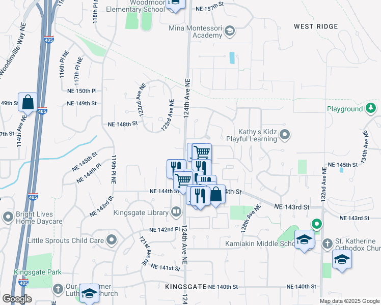 map of restaurants, bars, coffee shops, grocery stores, and more near 14510 124th Avenue Northeast in Kirkland