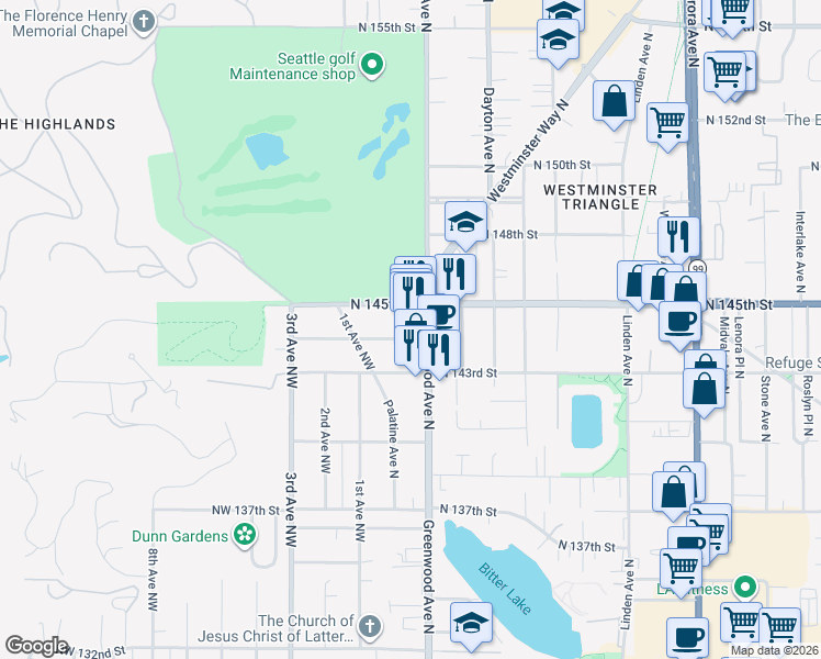 map of restaurants, bars, coffee shops, grocery stores, and more near 141 North 144th Street in Seattle