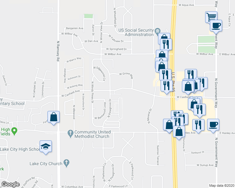 map of restaurants, bars, coffee shops, grocery stores, and more near 6850 North Spurwing Loop in Coeur d'Alene
