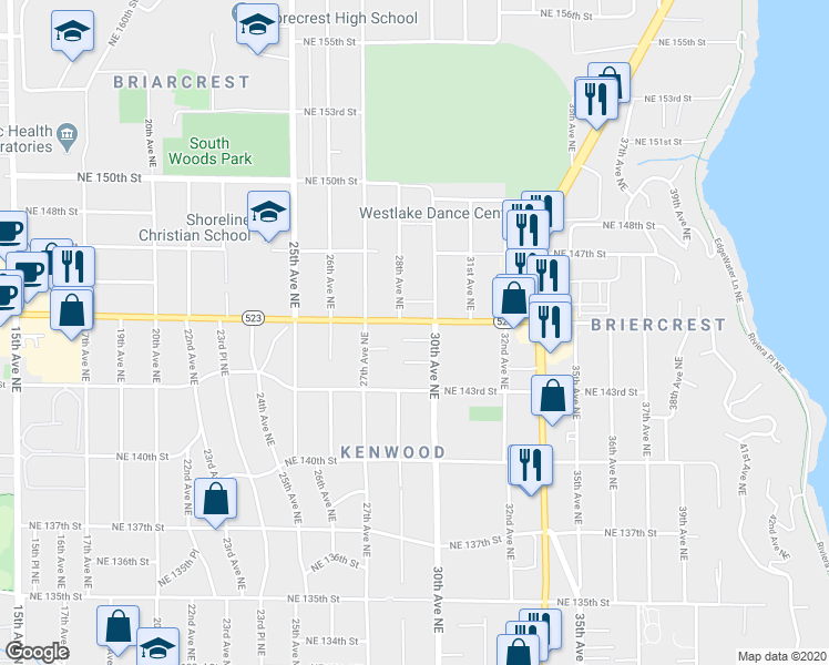 map of restaurants, bars, coffee shops, grocery stores, and more near 2721 Northeast 144th Street in Seattle