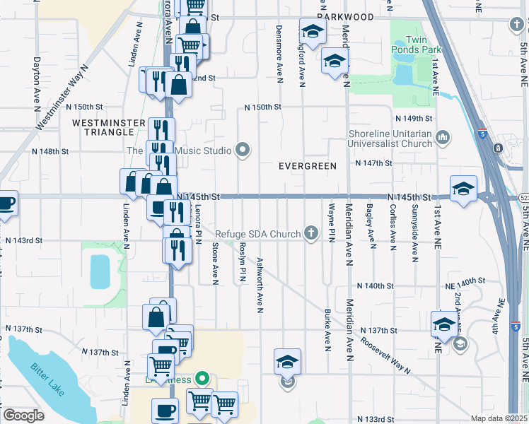map of restaurants, bars, coffee shops, grocery stores, and more near 14323 Ashworth Avenue North in Seattle
