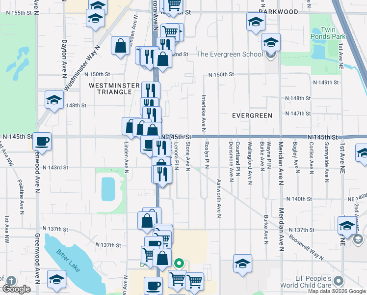 map of restaurants, bars, coffee shops, grocery stores, and more near 14320 Roosevelt Way North in Seattle