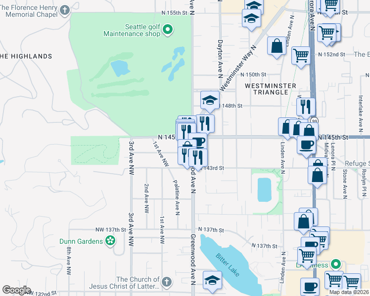 map of restaurants, bars, coffee shops, grocery stores, and more near 141 North 144th Street in Seattle