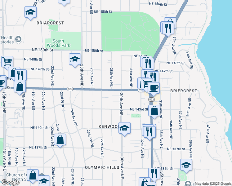 map of restaurants, bars, coffee shops, grocery stores, and more near 2721 Northeast 144th Street in Seattle