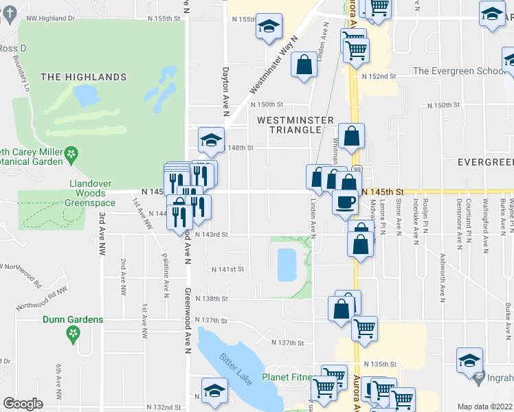 map of restaurants, bars, coffee shops, grocery stores, and more near 14336 Evanston Avenue North in Seattle