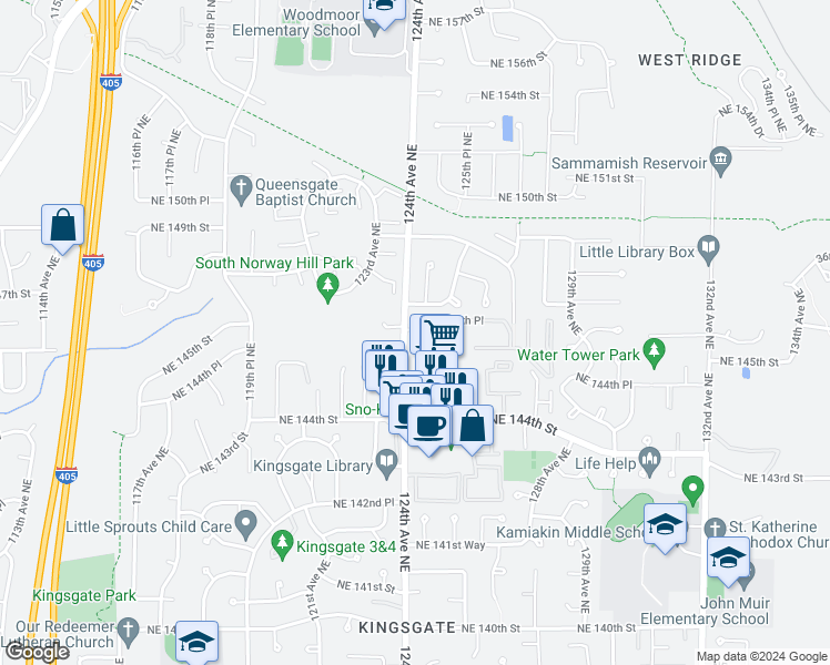 map of restaurants, bars, coffee shops, grocery stores, and more near 12515 Northeast 145th Place in Kirkland